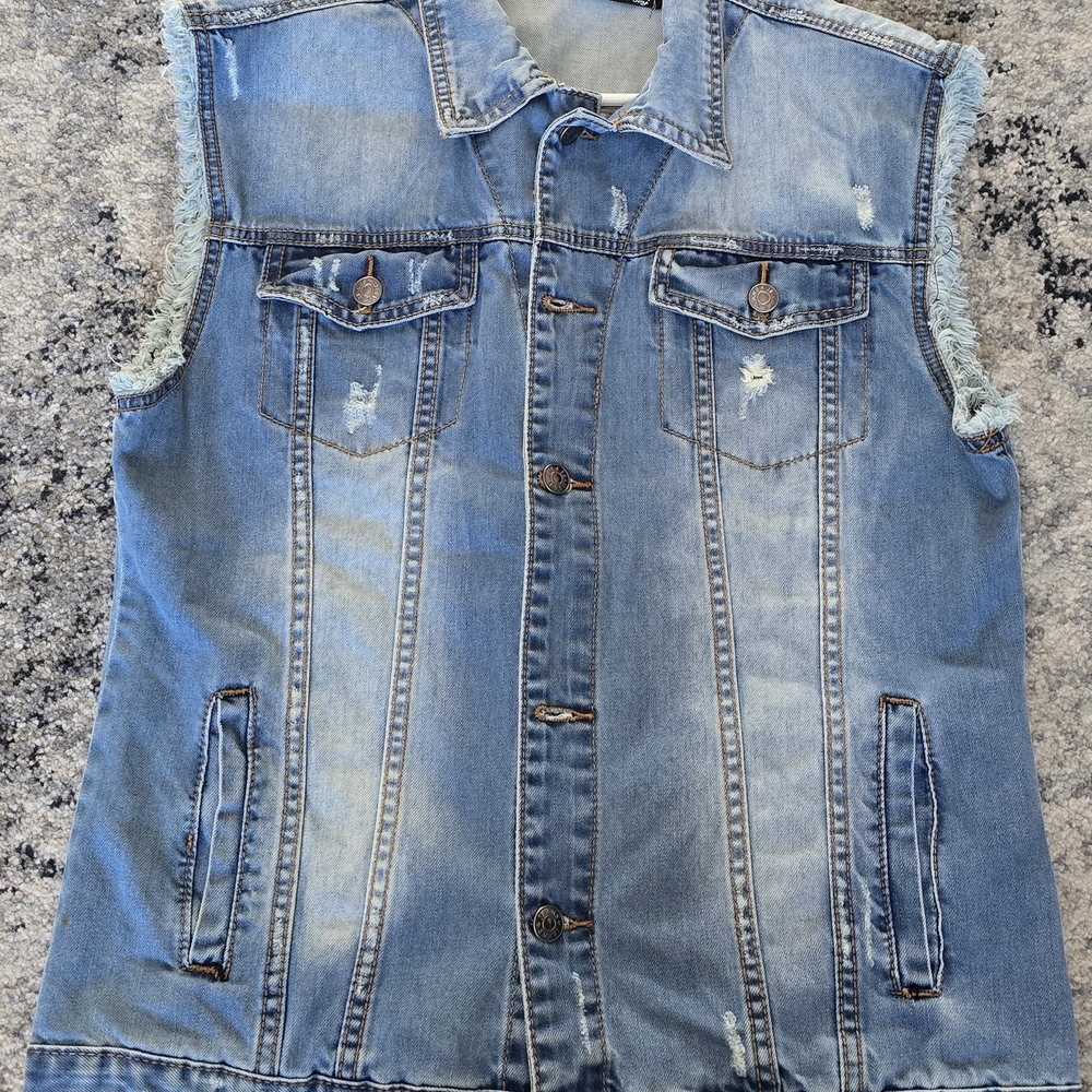 Men's Blue Denim Vest with Distressed Details